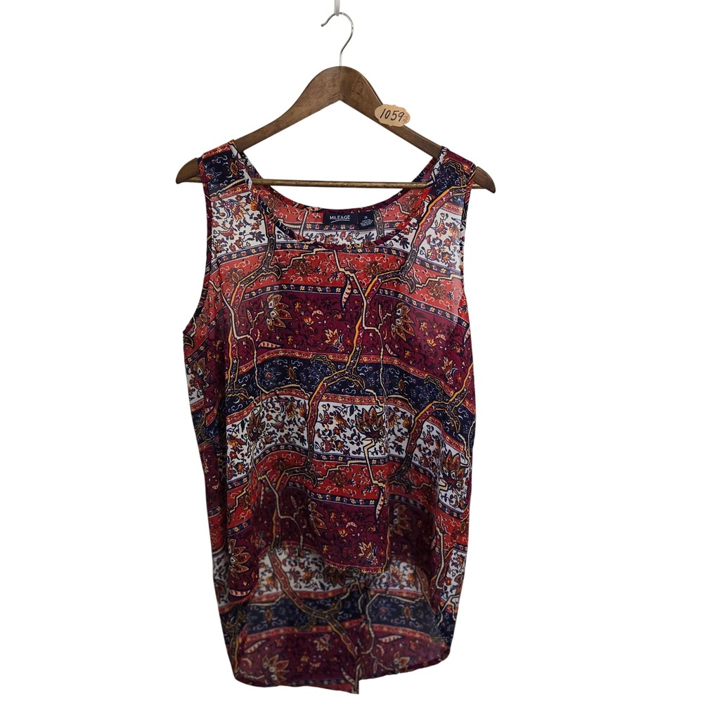 Mileage Womens 2X Red Boho Paisley Floral High Low Sheer Sleeveless Tank Top